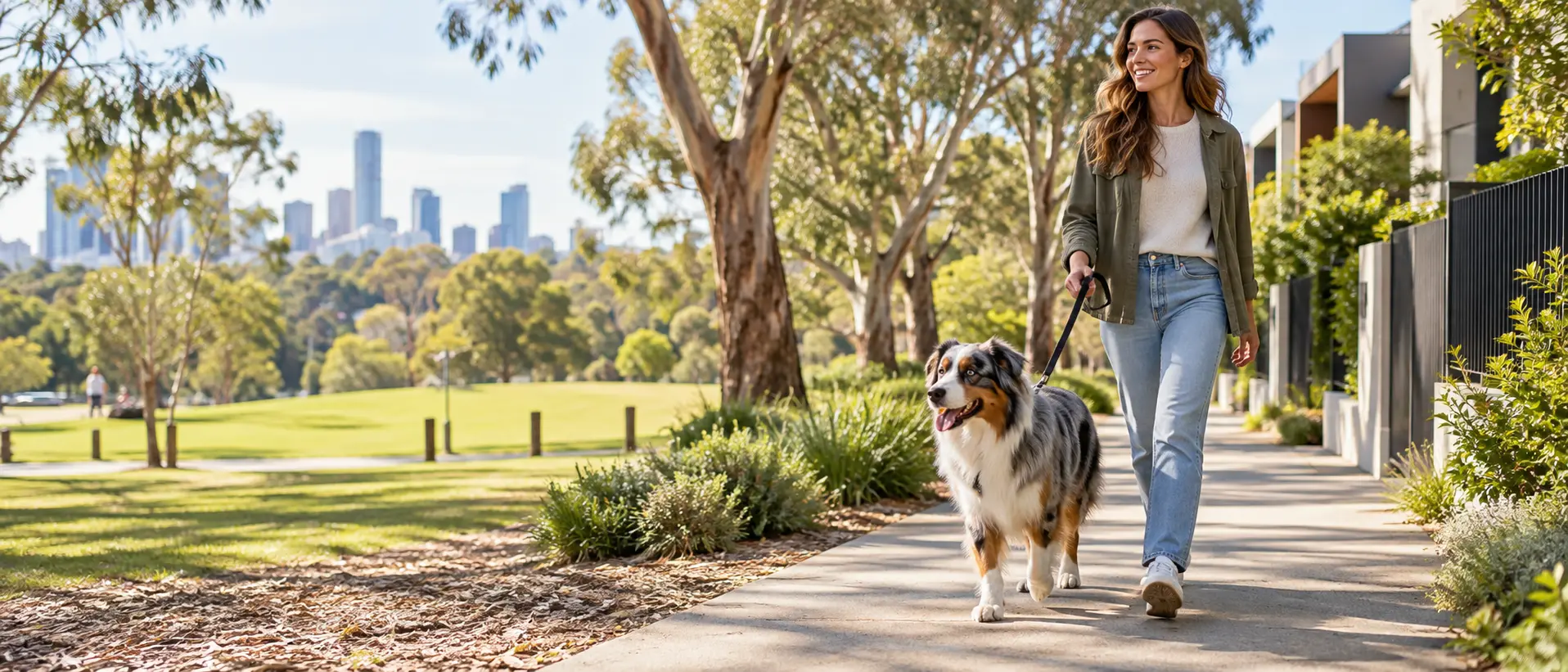 An Australian Shepherd walking with its owner beside a green Melbourne-style city park