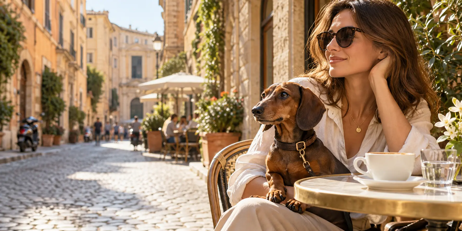 A Dachshund sitting with its owner at an outdoor cafe on a warm Italian historic street