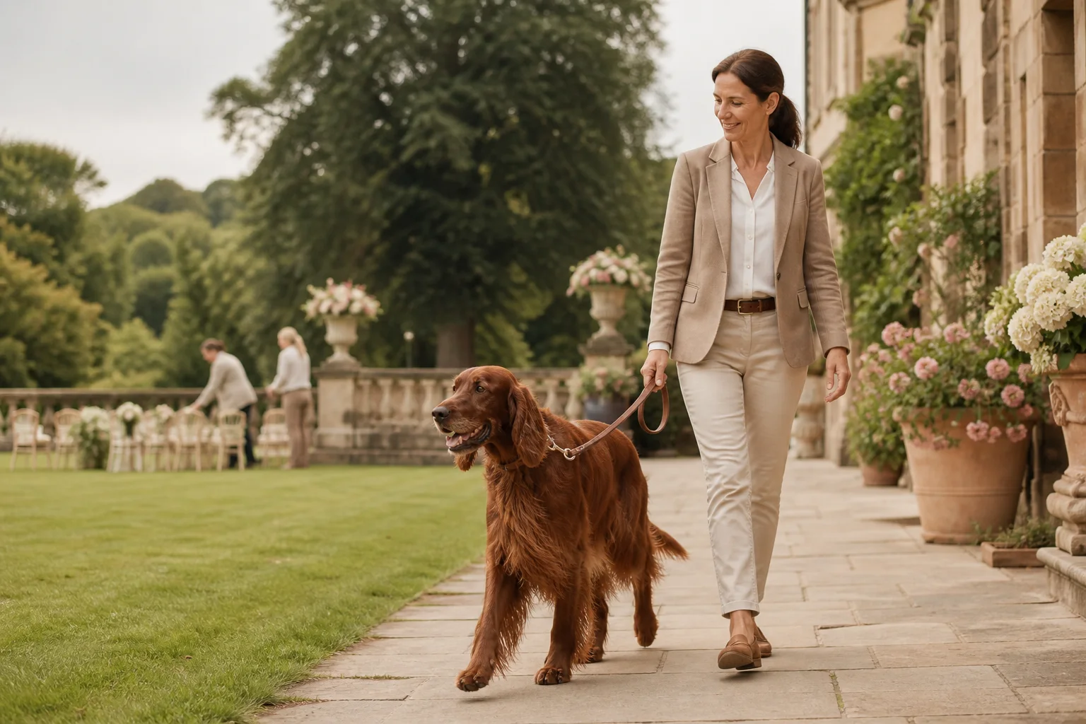 Dog wedding chaperone walking an Irish setter through an elegant wedding venue