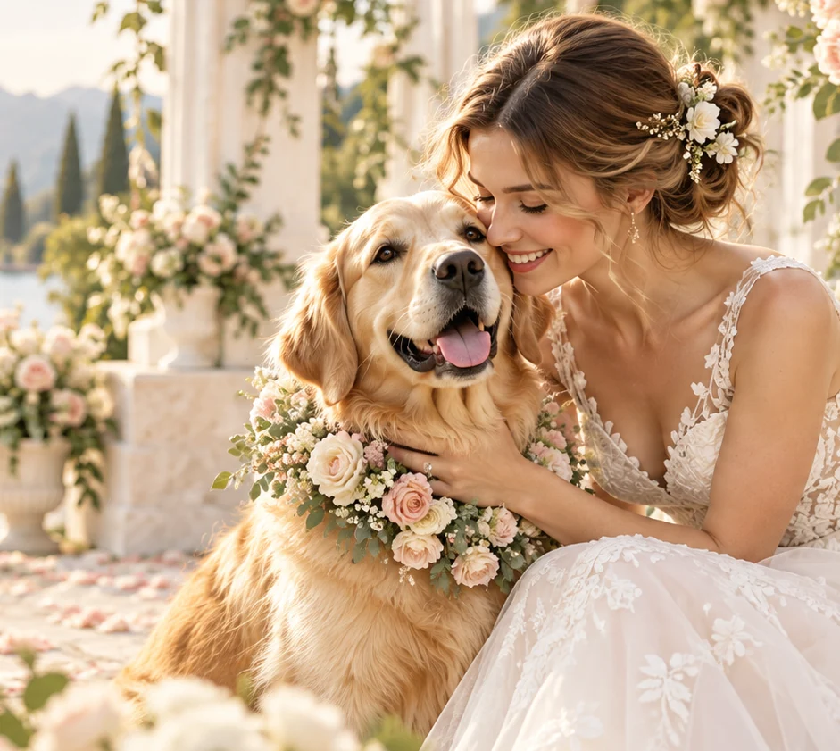 Smiling bride embracing her golden retriever among wedding flowers