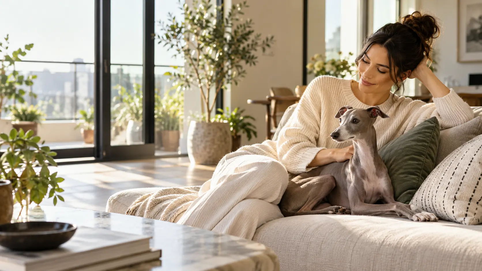 An Italian Greyhound relaxing beside its owner in a bright city apartment
