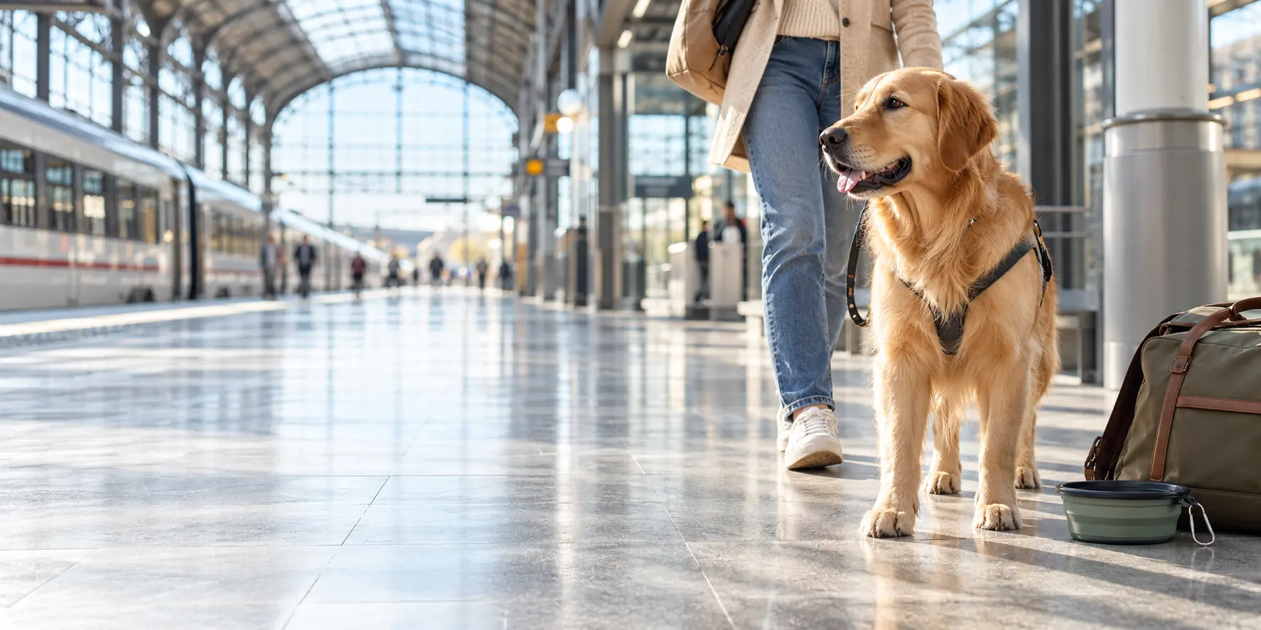 A Golden Retriever travelling calmly with its owner at a bright modern train station