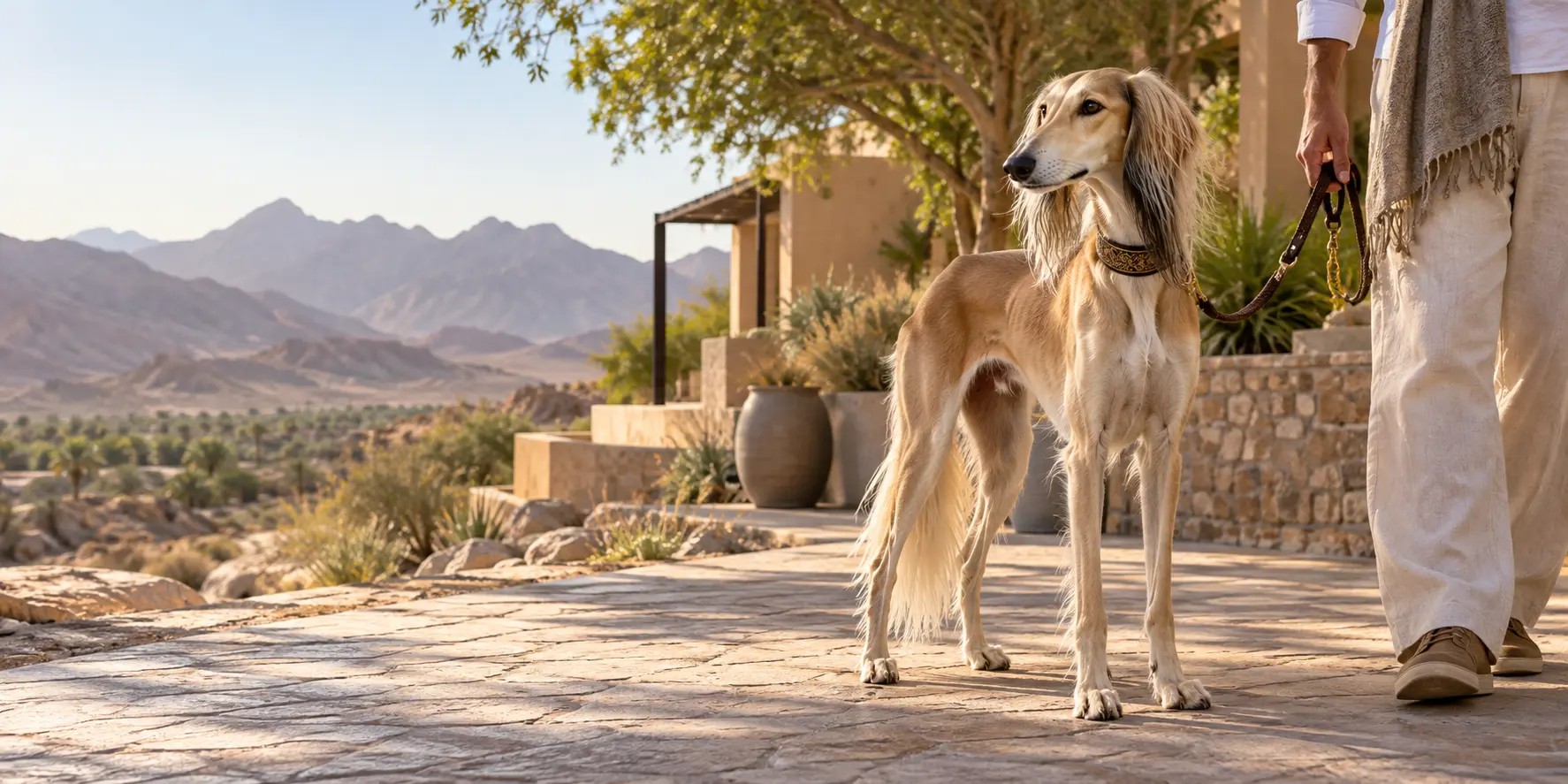 A Saluki standing with its owner beside a shaded desert-edge home in warm sunlight