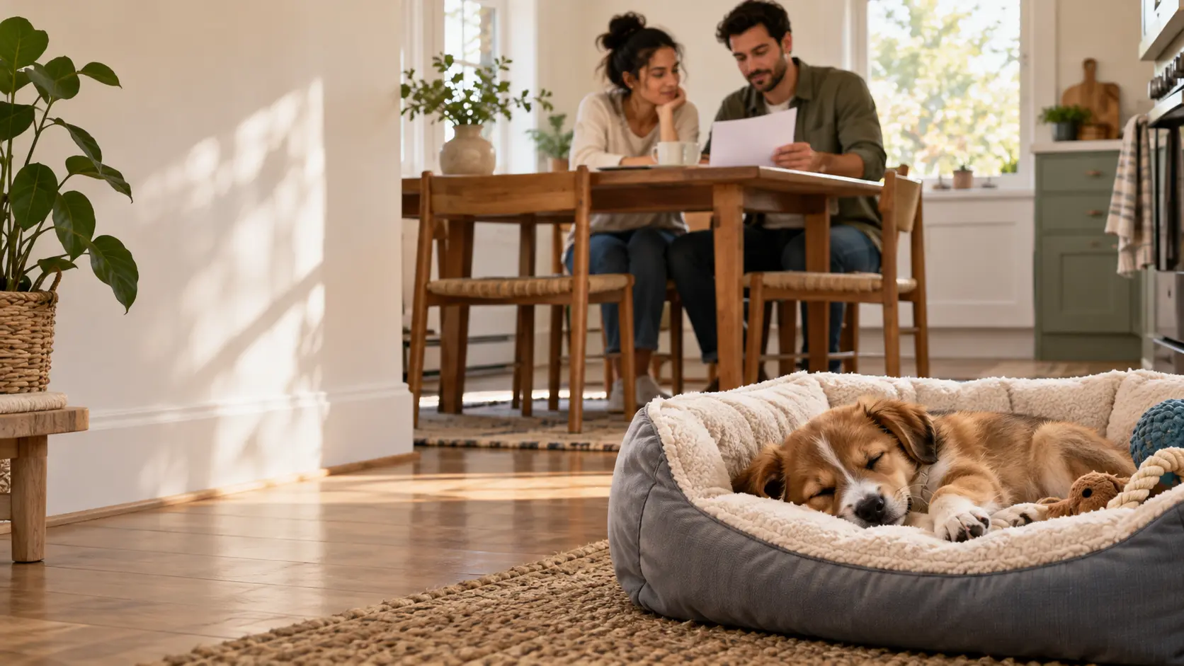 A young puppy sleeping while its new owners quietly prepare a first-month plan