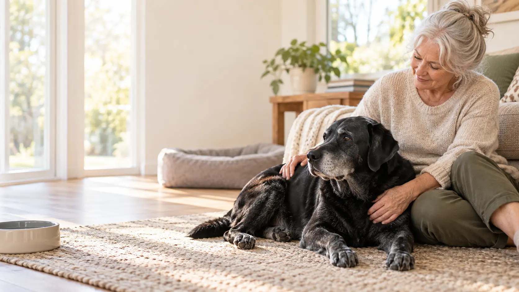 A senior black Labrador resting comfortably beside its owner in a bright home