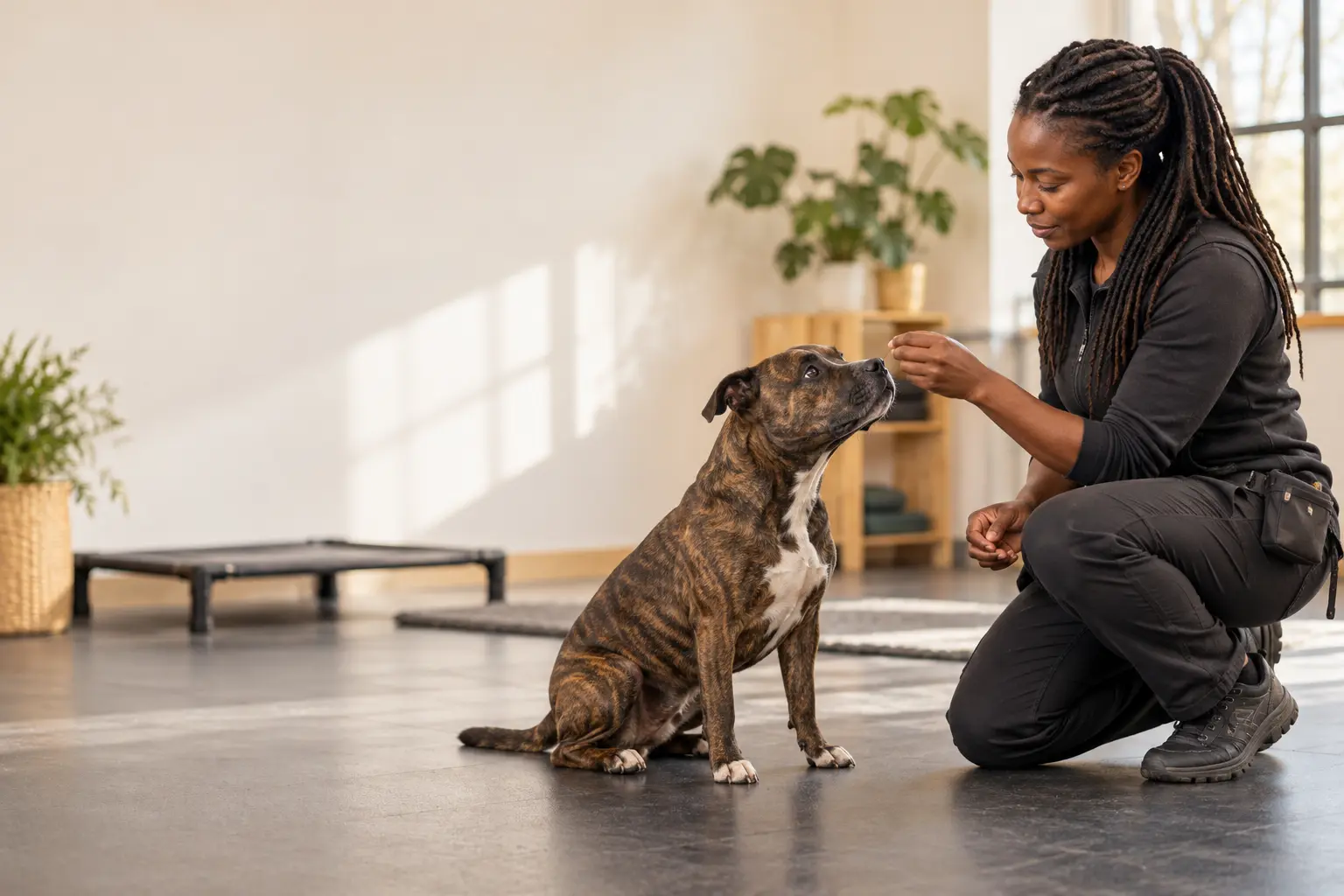 A brindle Staffordshire Bull Terrier resting attentively in a bright training room