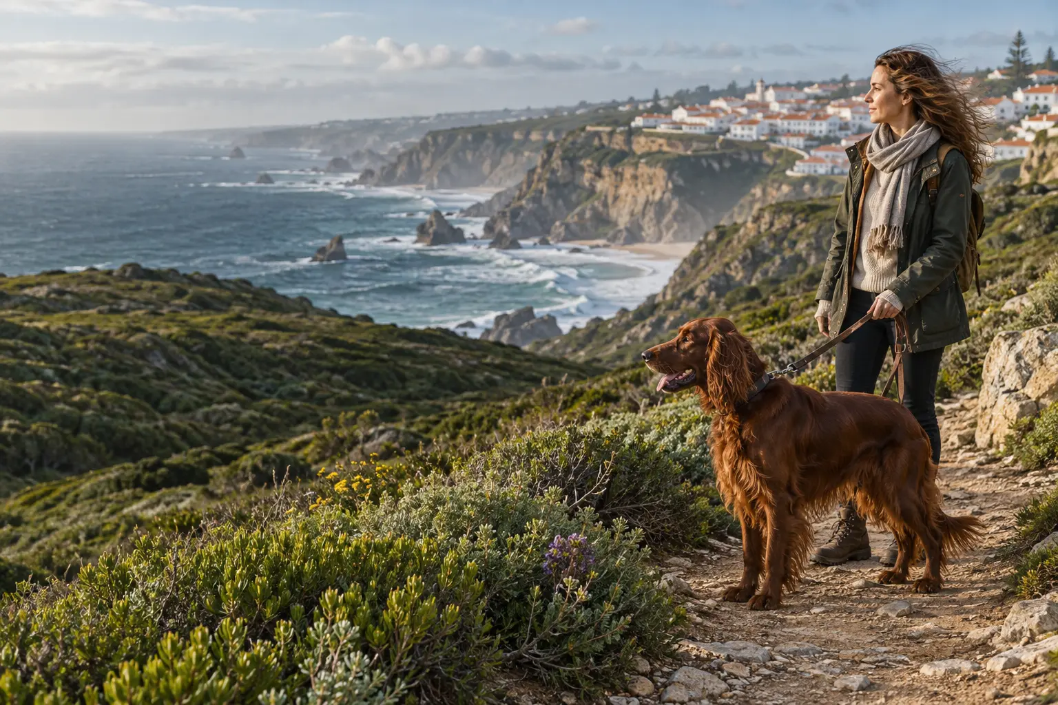 An Irish Setter and owner on a Portuguese coastal path for country comparison guidance