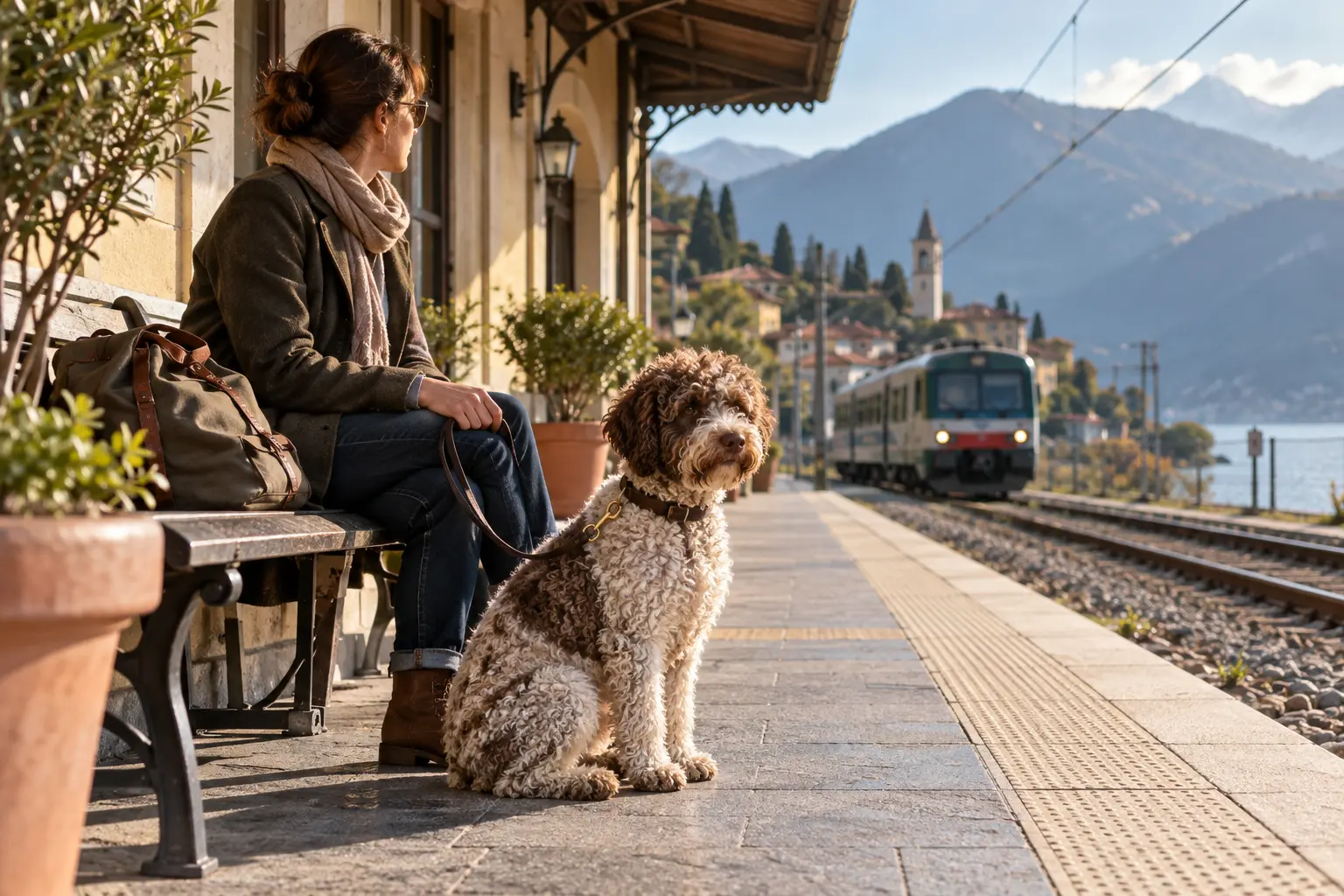 A Lagotto Romagnolo waiting calmly with its owner at an Italian railway platform