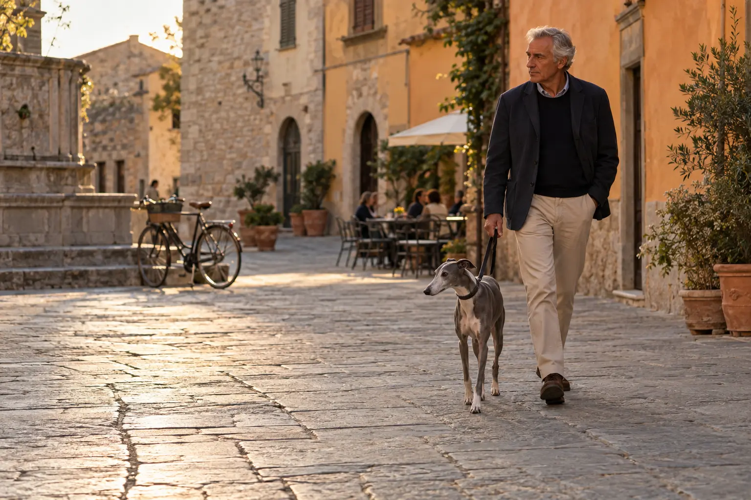 An older man walking a blue-grey Whippet through an Italian stone square