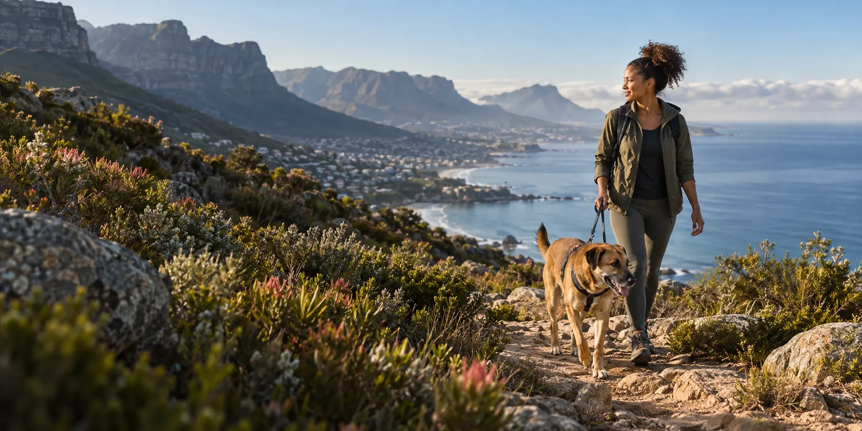 A South African woman walking a tan rescue dog through coastal fynbos