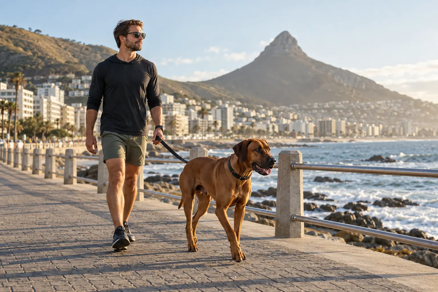 A Rhodesian Ridgeback walking with its owner on a coastal promenade in South Africa