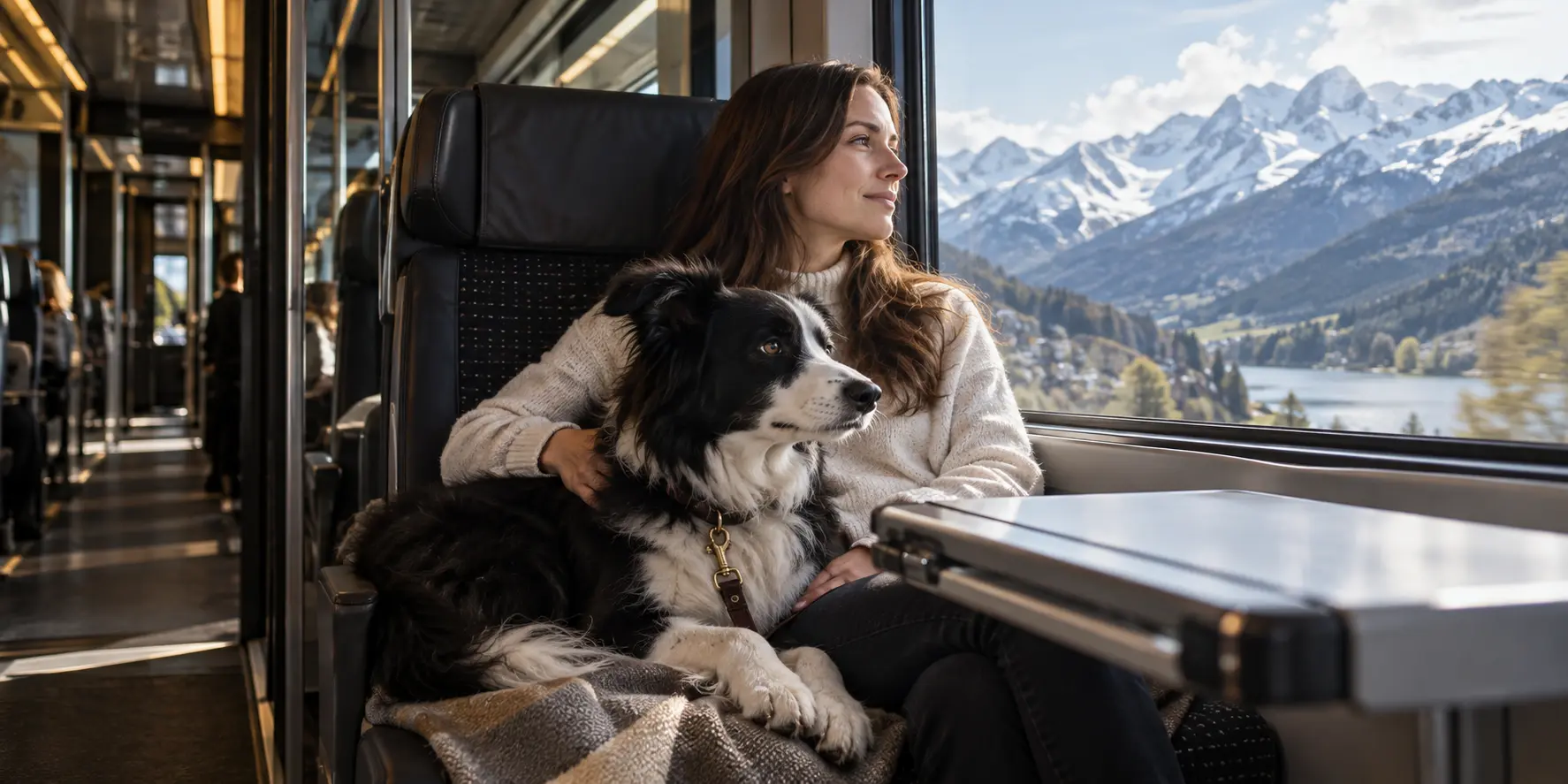A Border Collie travelling beside a train window through the Alps