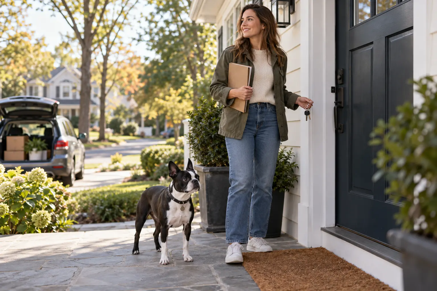 A Boston Terrier and its owner arriving at a suburban rental home in the United States