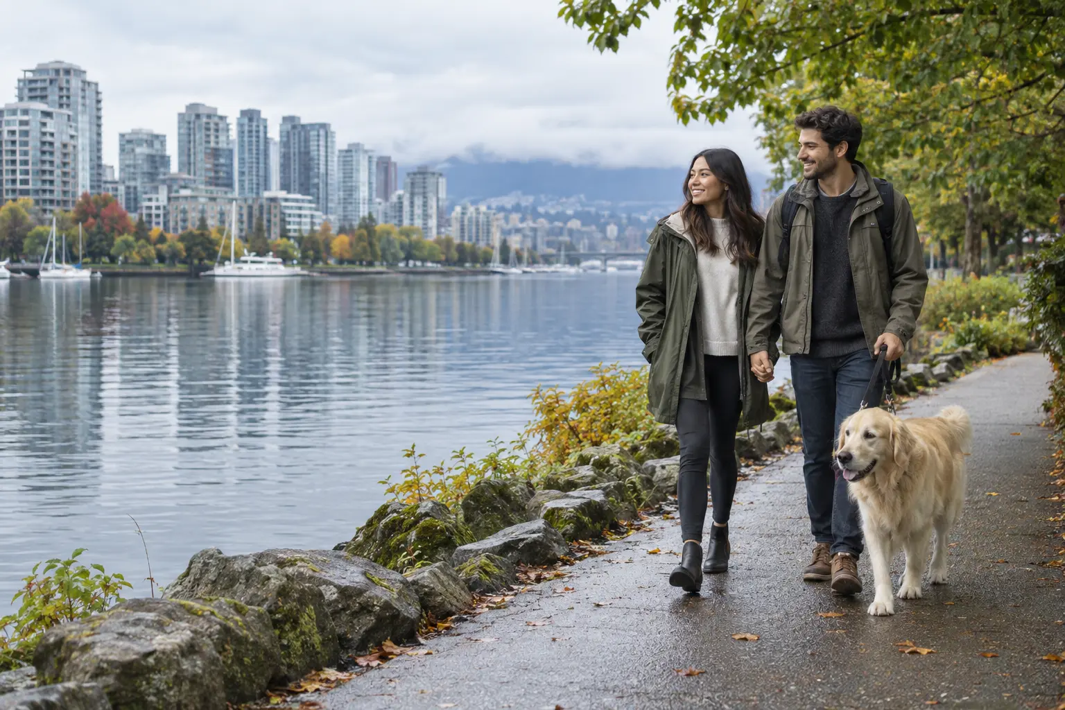 A couple walking a Golden Retriever beside a Pacific Northwest waterfront