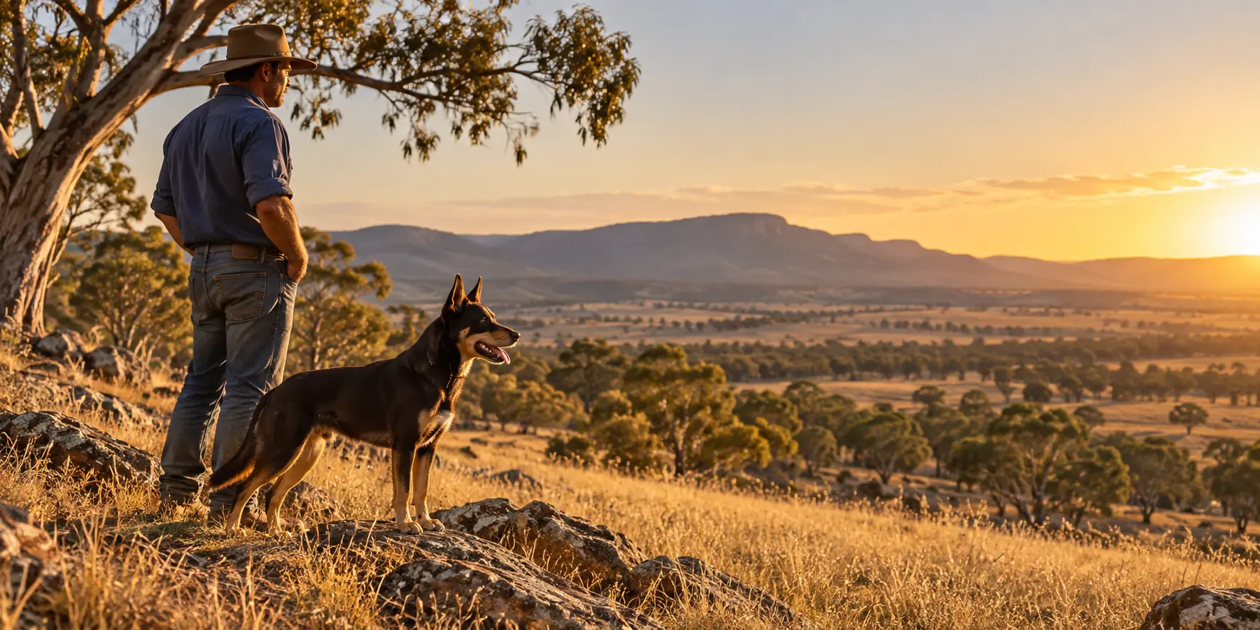 An Australian Kelpie standing with its owner in a dry Australian grassland with eucalyptus trees