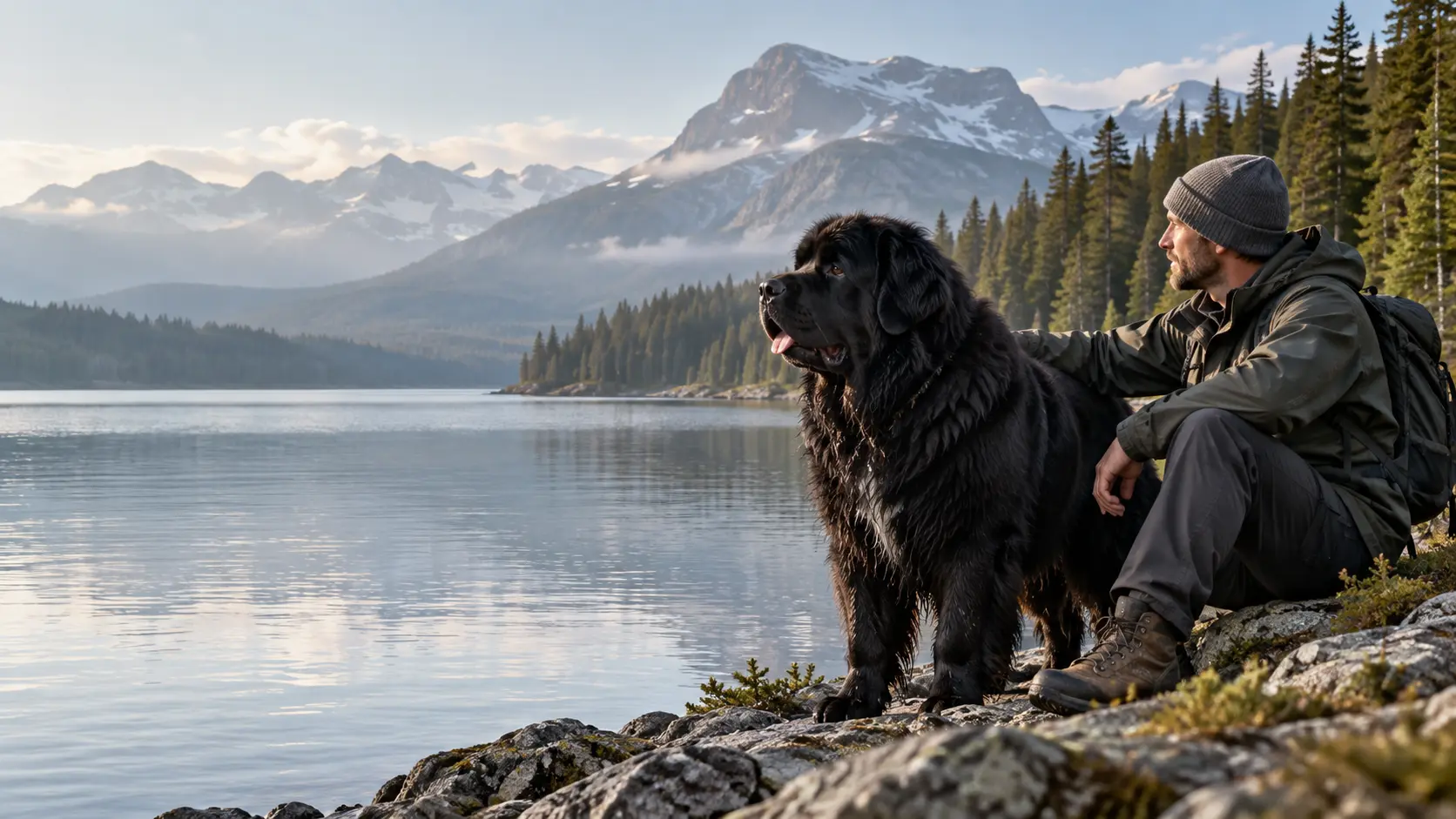 A Newfoundland dog resting with its owner beside a Canadian mountain lake