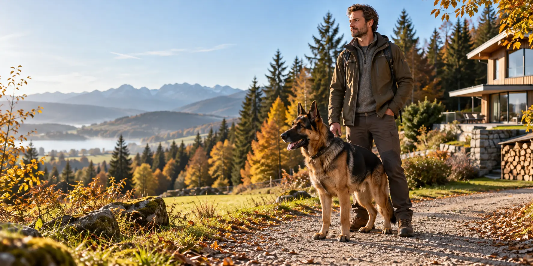 A German Shepherd standing with its owner beside a forest trail in Germany