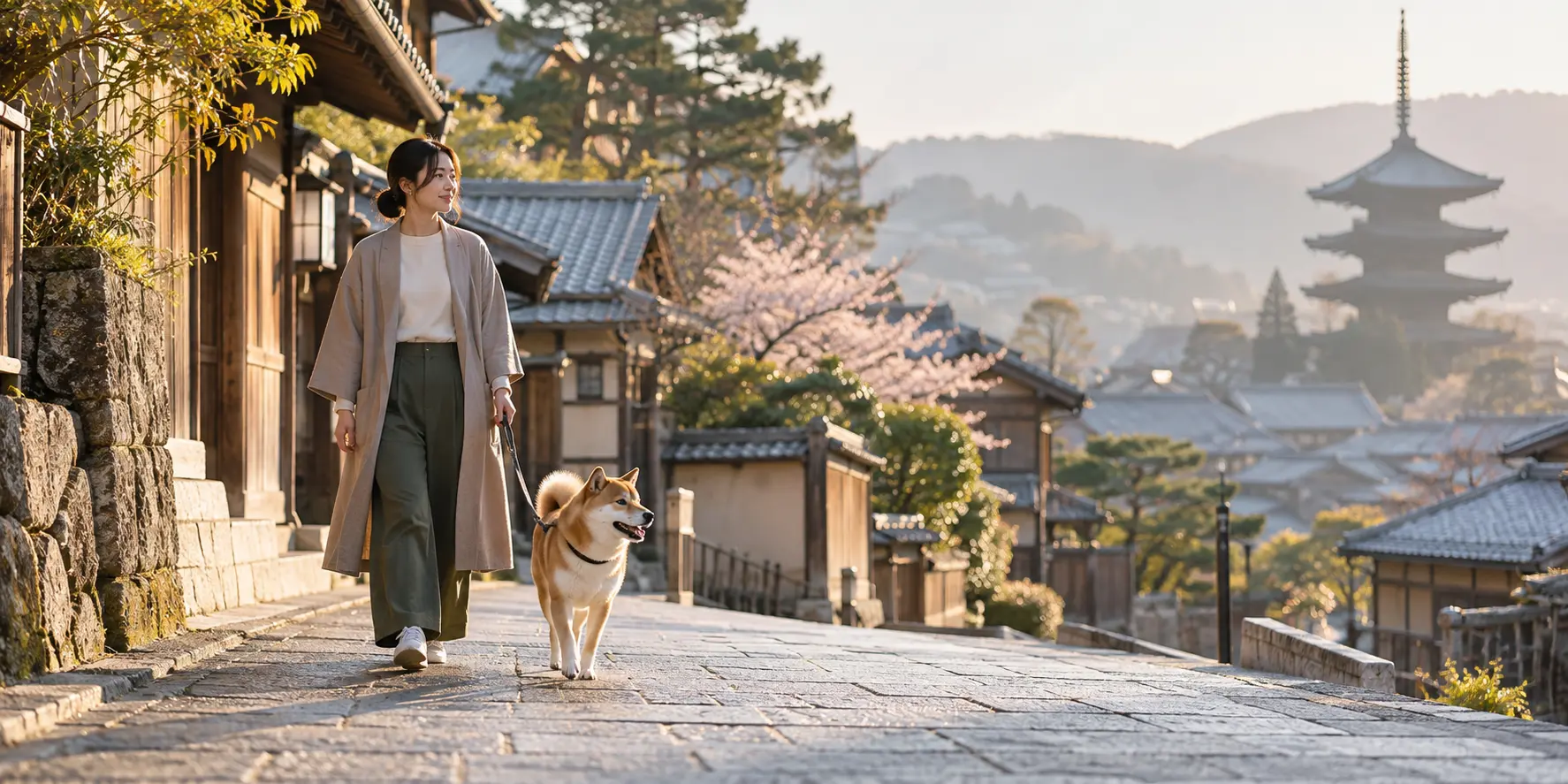 A Shiba Inu walking with its owner through a quiet Japanese neighbourhood